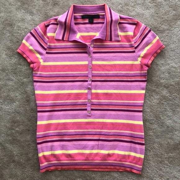 Express Design Studio Striped Pink, Magenta, Purple, Yellow Short Sleeve Top - Picture 1 of 1